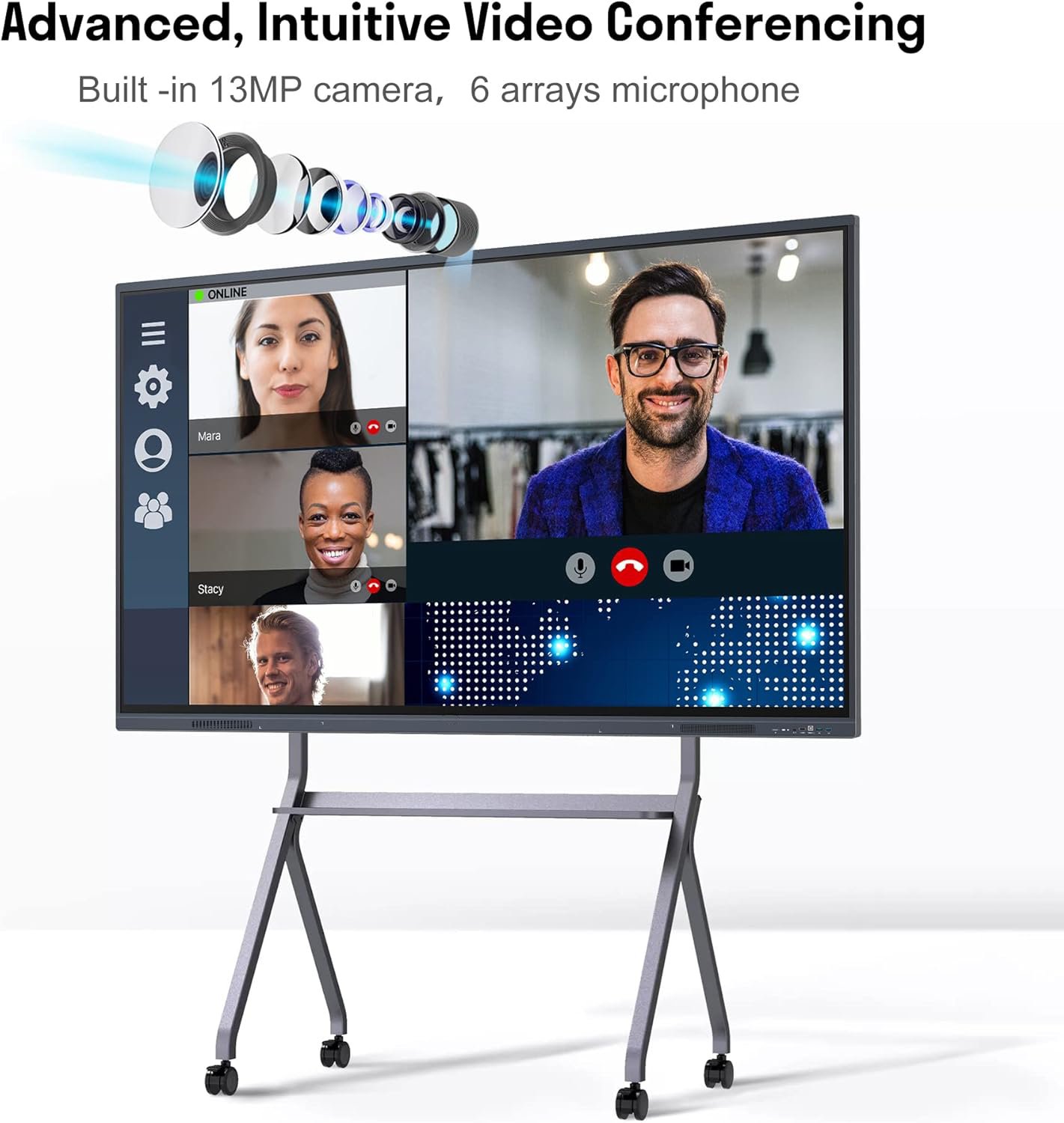 98 inch LCD touch screen built-in AI camera capturing portraits, intelligent sch