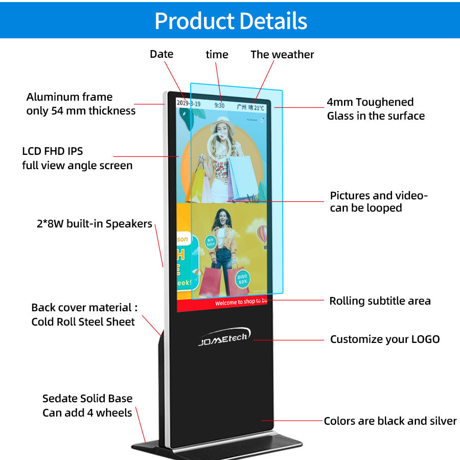 Custom digital signage floor standing advertising display player kiosk full touc