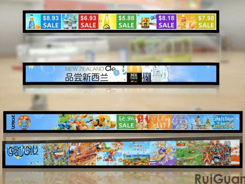 Indoor retail shop wall mounted strip display machine stretched bar wide lcd she